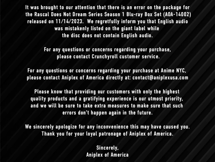 Aniplex of America's statement about the Rascal Does Not Dream blu-ray box set mistake.