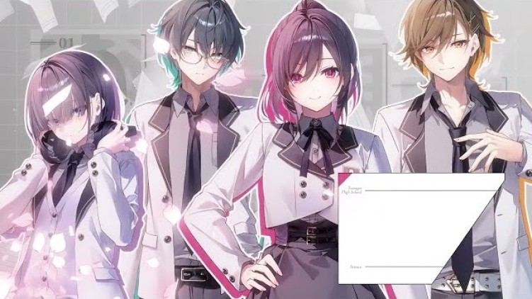 Four main characters from The Science Notes by Delta and Gamma anime in school uniforms