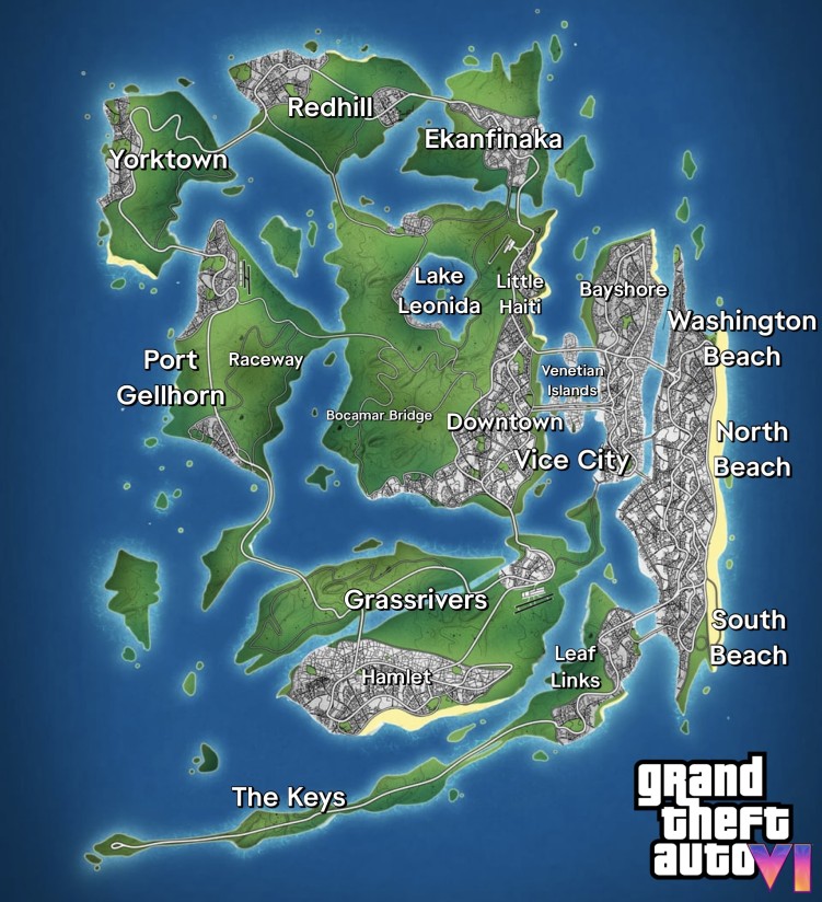 GTA 6 fan-made concept map based on the hidden map found in the game's art