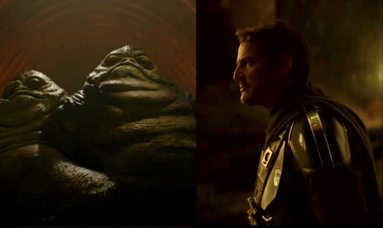 Din Djarin and the Hutt twins in Star Wars: The Mandalorian and Grogu