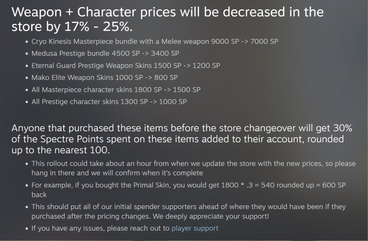 Spectre Divide cuts weapon and character skin prices