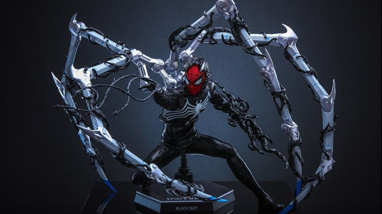 Peter Parker wearing the symbiote suit featuring robotic limbs