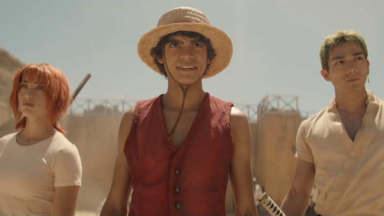 Inaki Godoy as Monkey D. Luffy, Emily Rudd as Nami, and Mackenyu as Roronoa Zoro