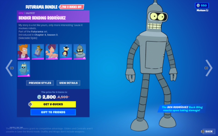 Bender Skin in Fortnite from the Futurama bundle