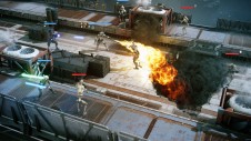 Gameplay screenshot from Star Wars Zero Company showing clone troopers battling battle droids on a landing platform
